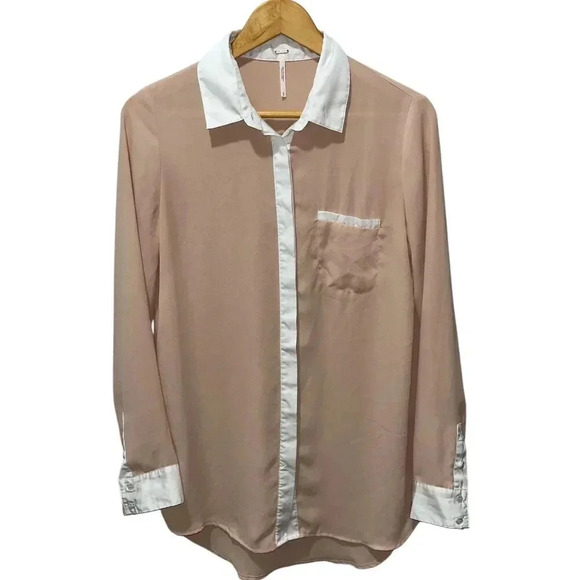 Free People Women's Small Blush White Sheer Long Sleeve Button Up Blouse Formal - Picture 1 of 7